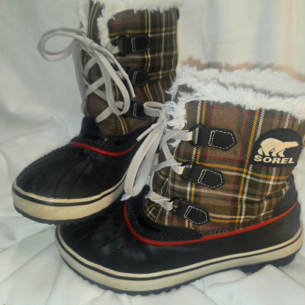 Sorel "Tivoli" Plaid Duck Waterproof Snow Boots, Brown Red | Size 6.5